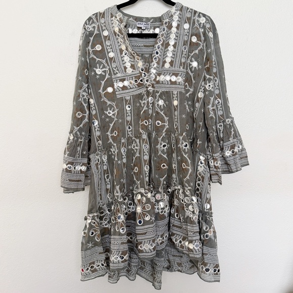 Juliet Dunn Mosaic Print Mirror-Appliqué Flutter Bell Sleeves Dress Brand Size 1 - Picture 5 of 14